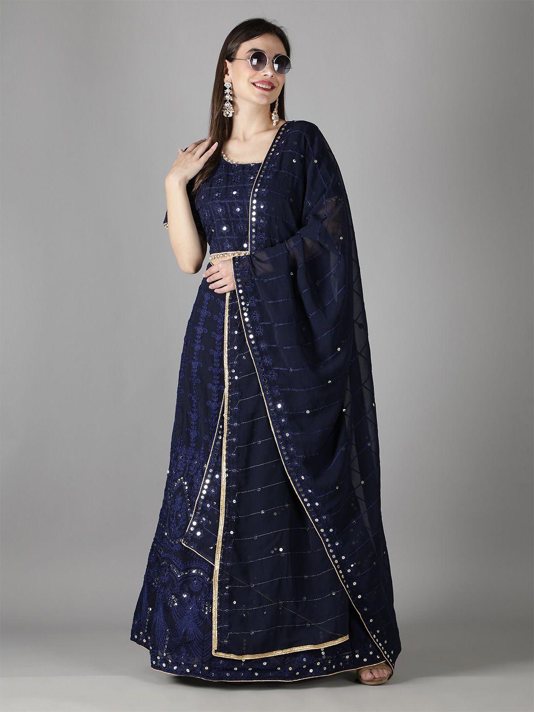bollyclues embroidered mirror work semi-stitched lehenga & unstitched blouse with