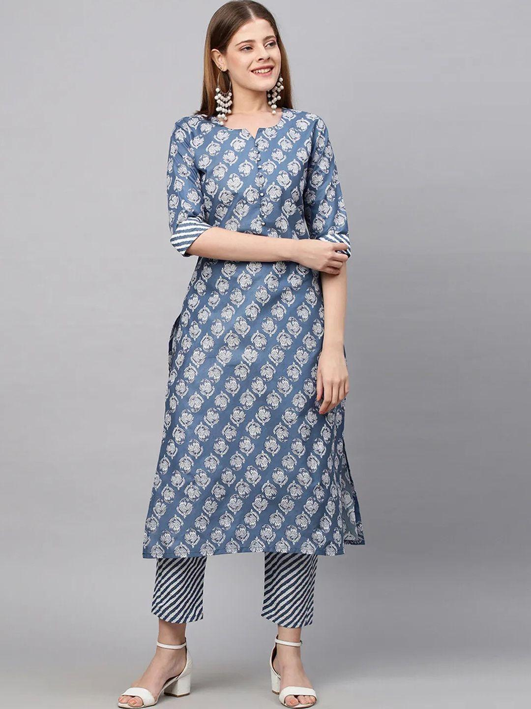 bollyclues ethnic motifs printed pure cotton straight kurta with trousers