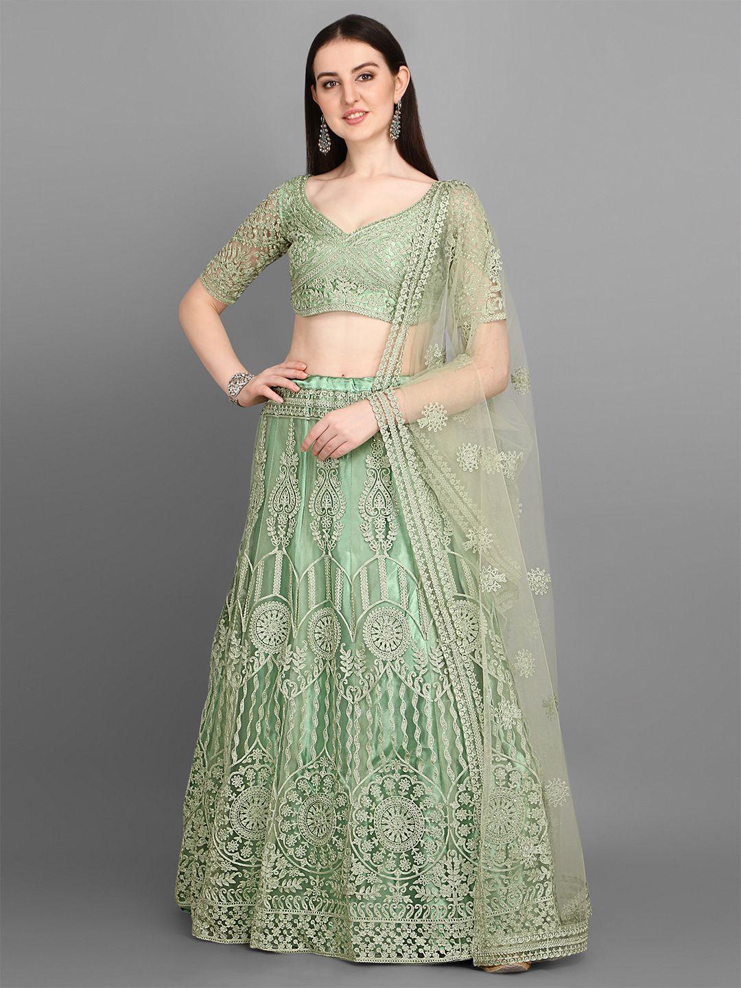 bollyclues lime green embroidered semi-stitched lehenga & unstitched blouse with dupatta