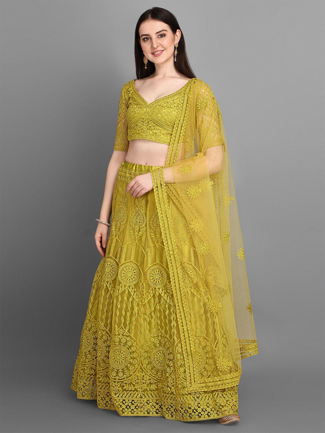 bollyclues mustard embroidered thread work semi-stitched lehenga & unstitched blouse with dupatta