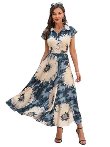 bollyclues women's cotton fit and flare printed cap sleeve coller-neck casual maxi dress(mx-02) multicolour