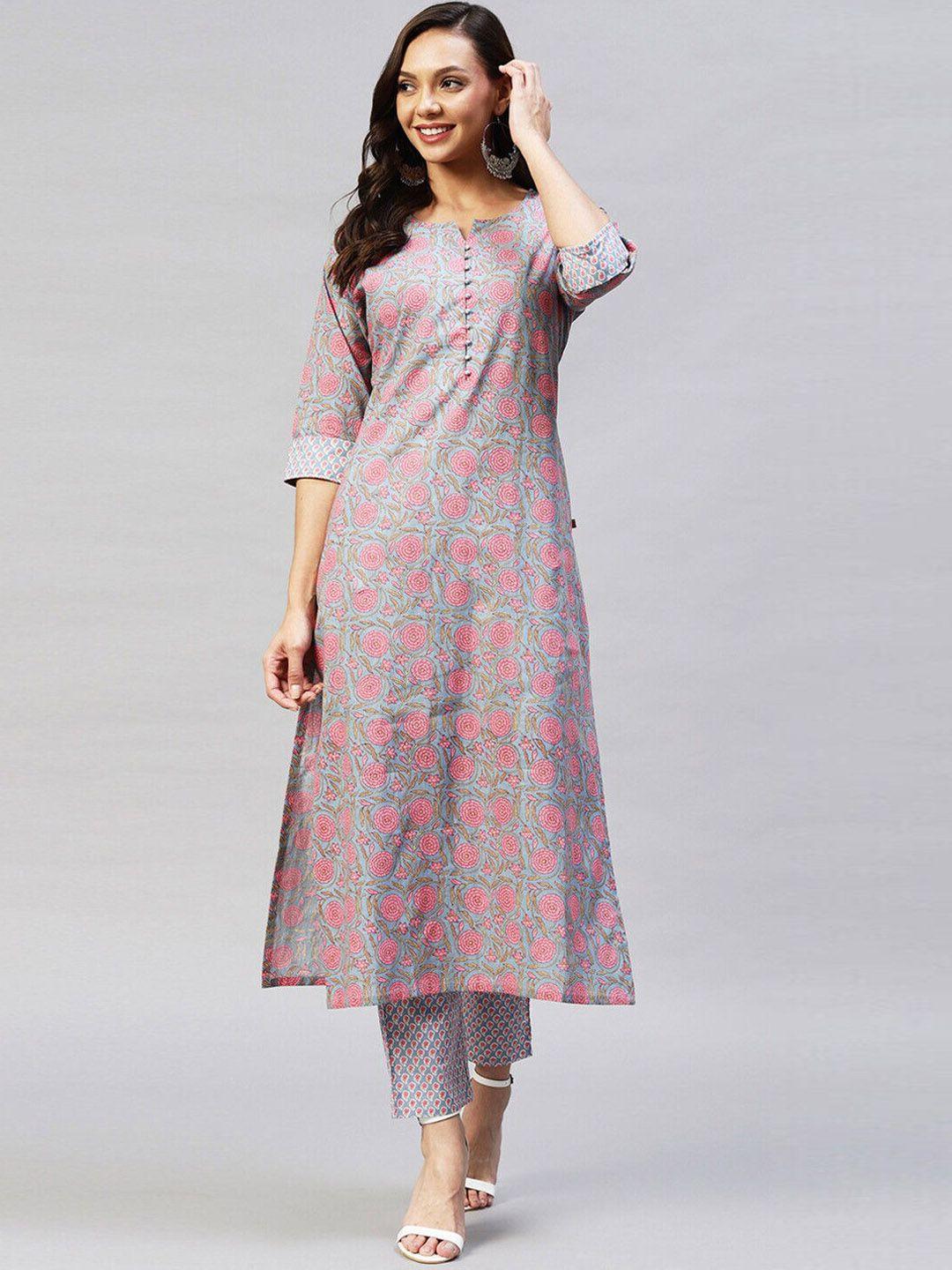 bollyclues women blue floral printed regular pure cotton kurta with trousers