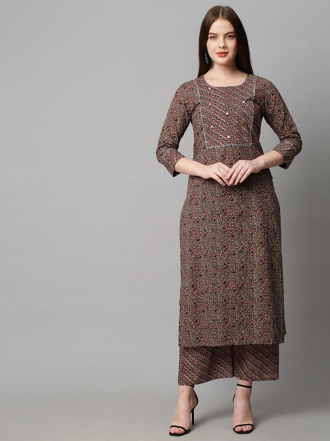 bollyclues women brown paisley printed regular pure cotton kurta with palazzos