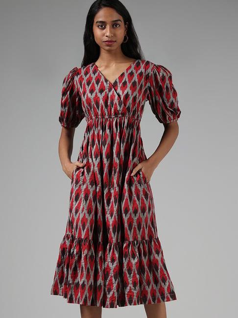 bombay paisley by westside abstract printed maroon tiered dress