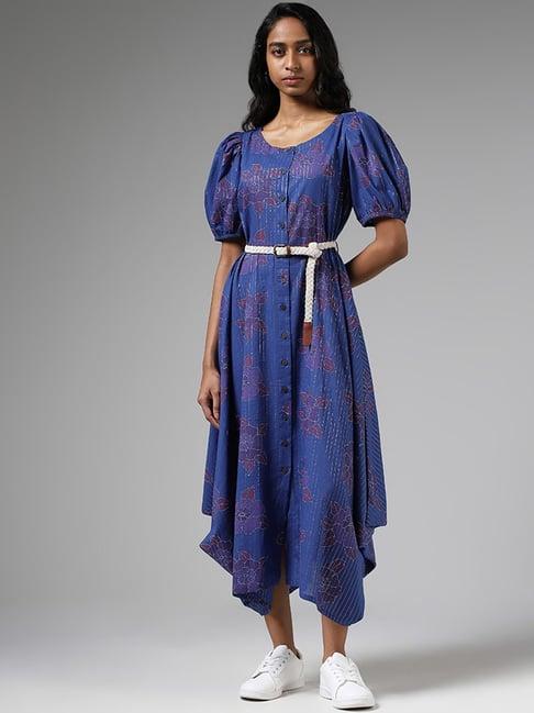 bombay paisley by westside indigo floral printed dress with belt