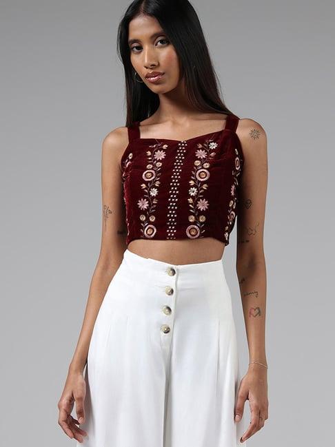 bombay paisley by westside maroon floral embroidered velvet crop top