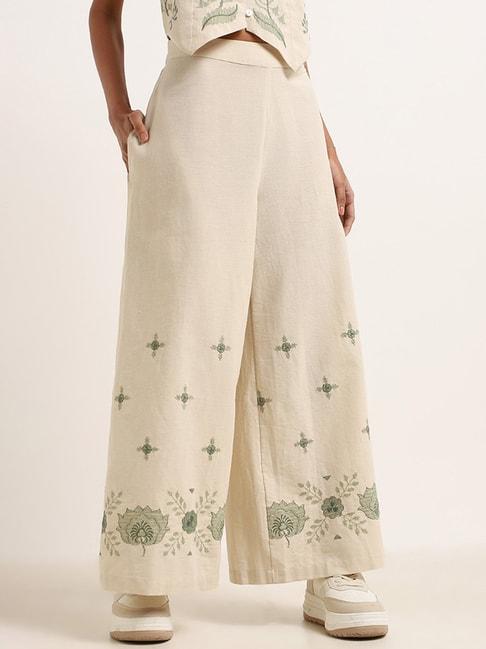 bombay paisley by westside off-white wide-leg embroidered pants
