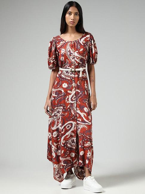 bombay paisley by westside rust paisley printed buttoned down dress