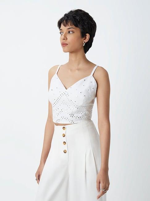 bombay paisley by westside white mirror embroidered crop top