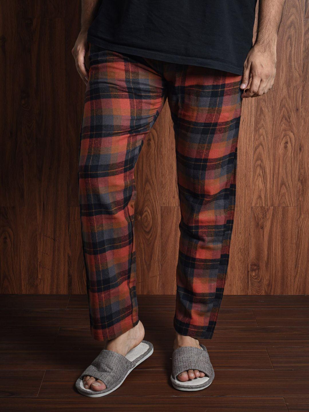 bombay trooper men mid-rise checked cotton straight lounge pants