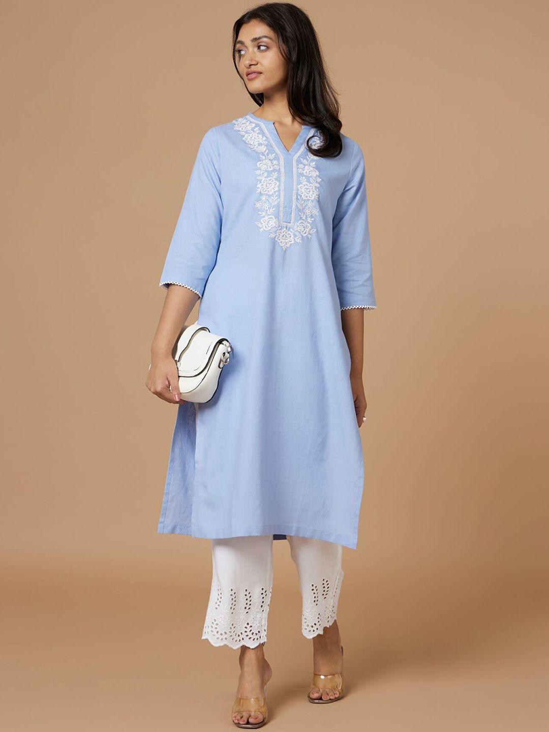 bombay bloom  floral yoke design thread work mandarin collar linen kurta with trousers