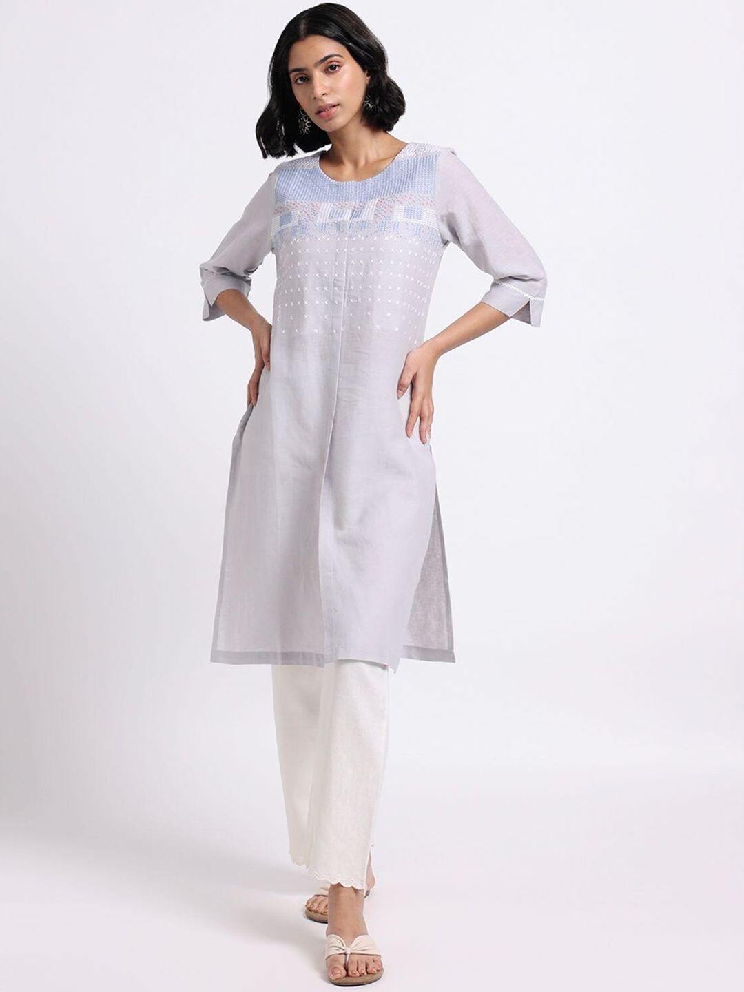 bombay bloom ethnic motifs yoke design thread work linen kurta with trousers