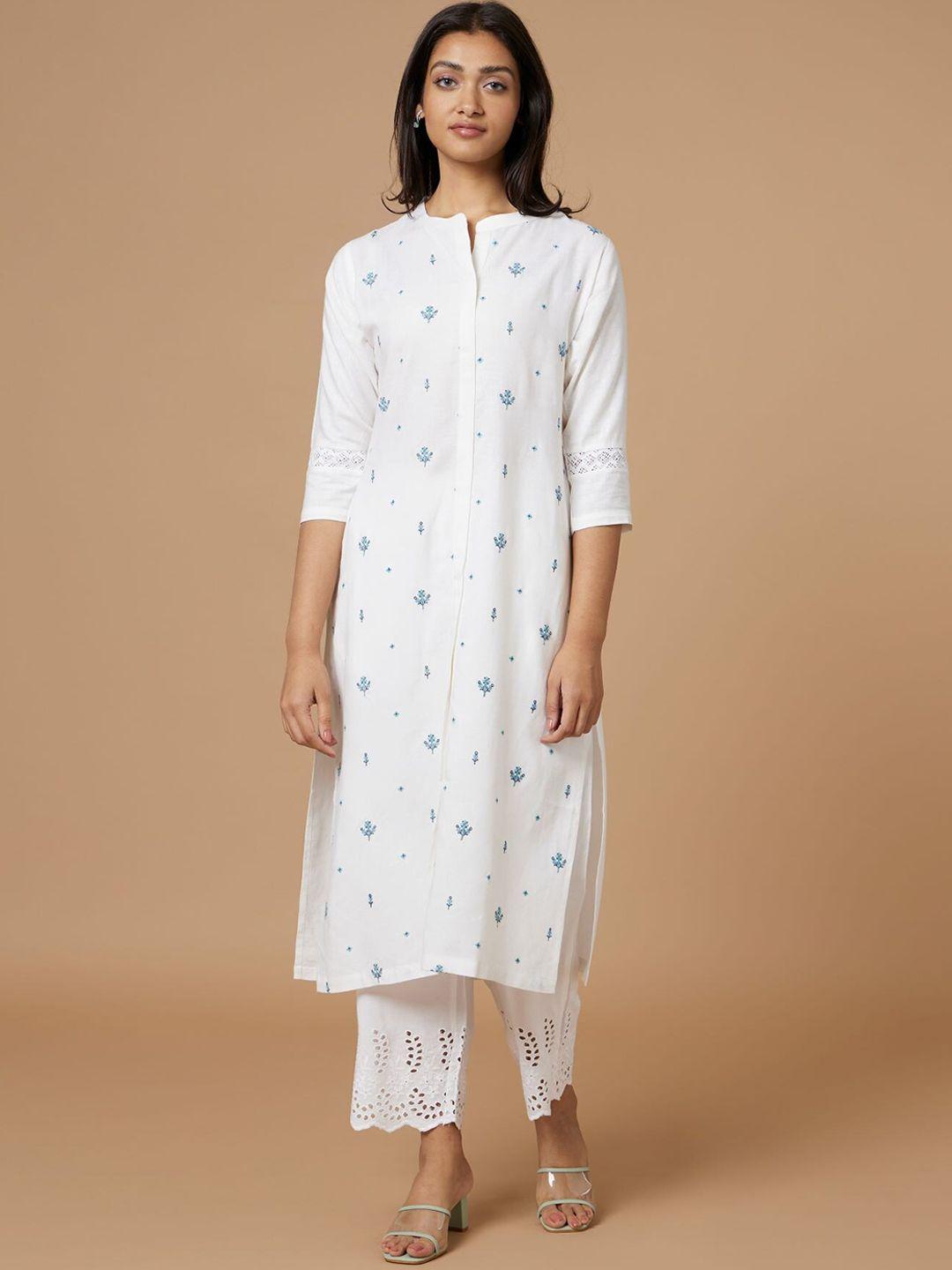 bombay bloom floral embroidered thread work detailed linen straight kurta with trousers