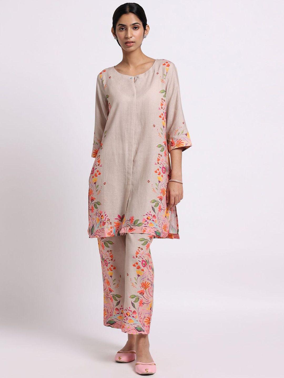 bombay bloom floral printed linen kurta with trousers