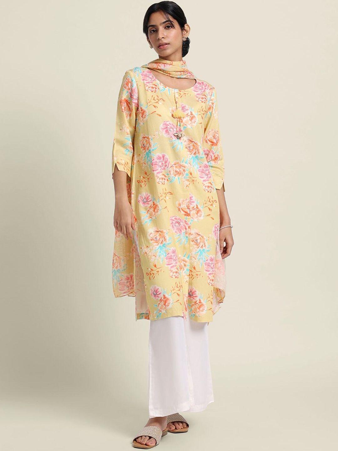 bombay bloom floral printed linen kurti with trousers & dupatta