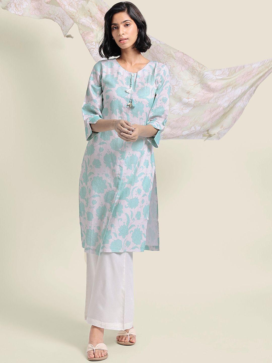 bombay bloom floral printed round neck linen straight kurta