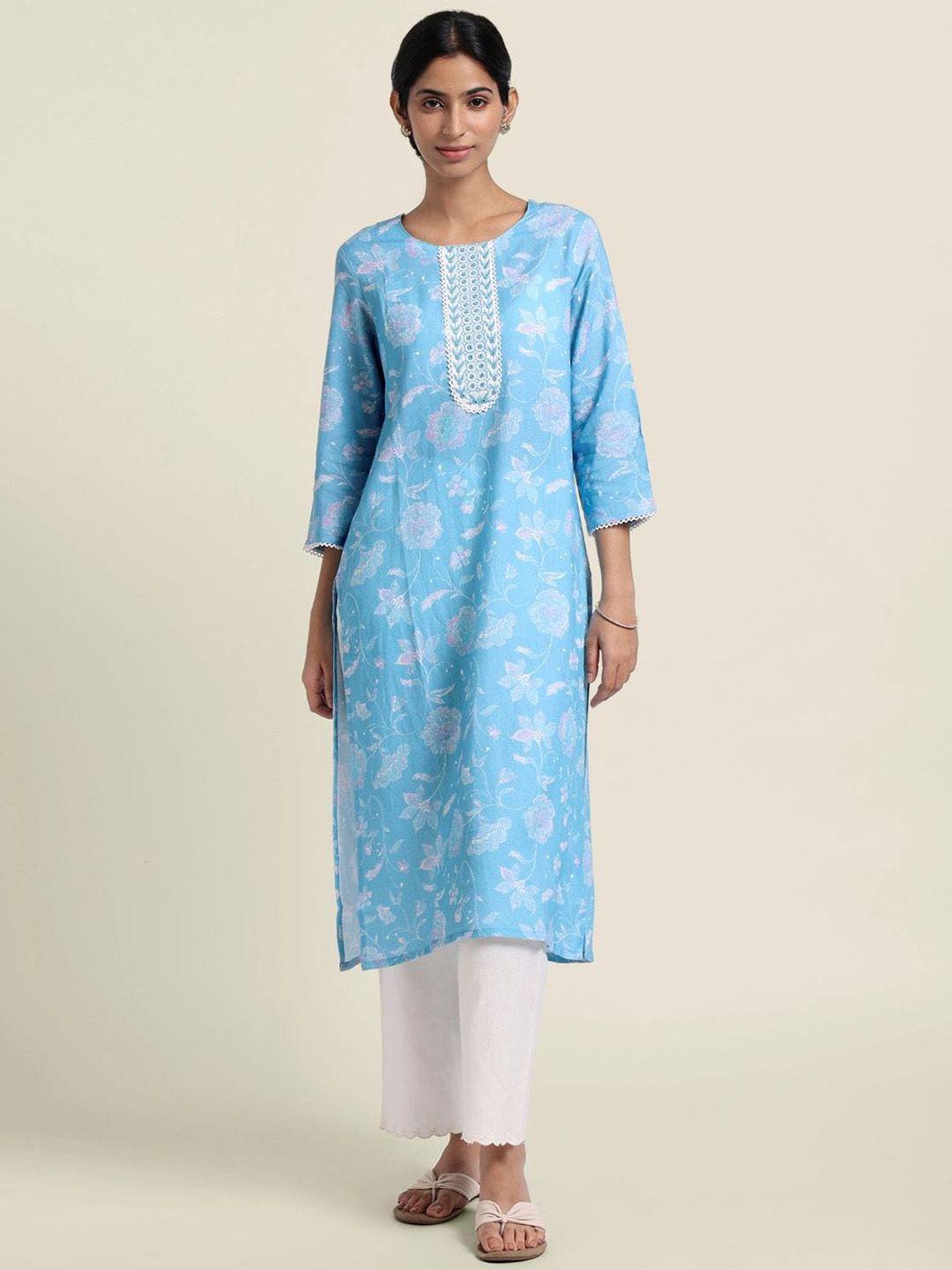 bombay bloom women blue floral printed regular linen kurta with trousers