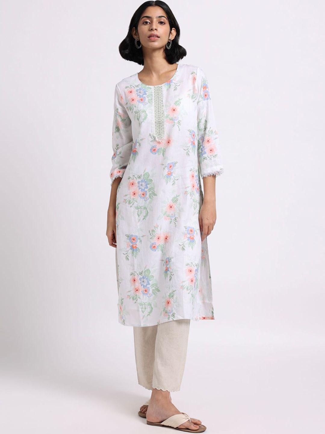 bombay bloom women white floral printed regular linen kurta with trousers
