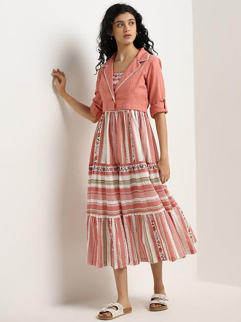 bombay paisley by westside coral tiered cotton dress with jacket