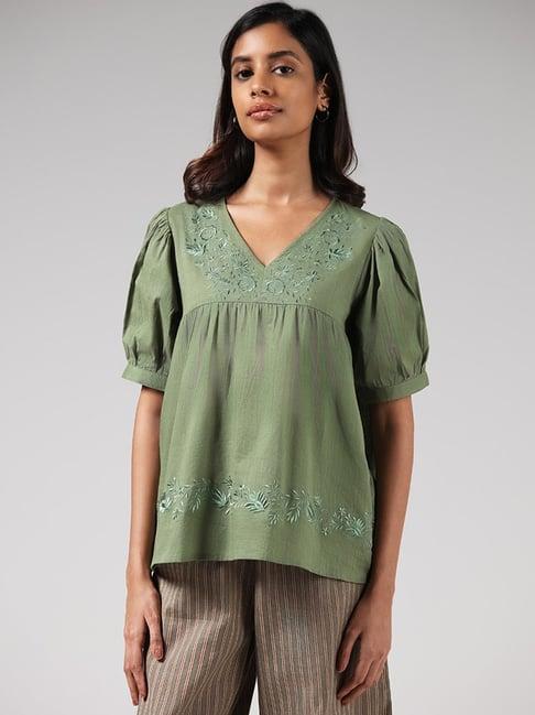 bombay paisley by westside green floral embroidered top