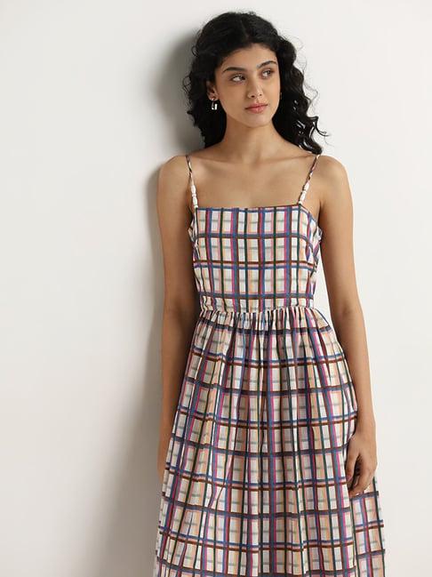 bombay paisley by westside multicolour checkered a-line cotton dress