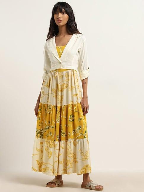 bombay paisley by westside mustard leaf pattern tiered dress and jacket