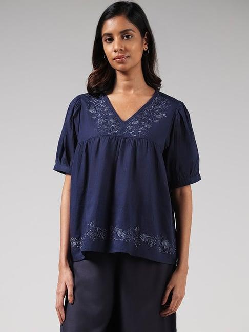 bombay paisley by westside navy floral embroidered top