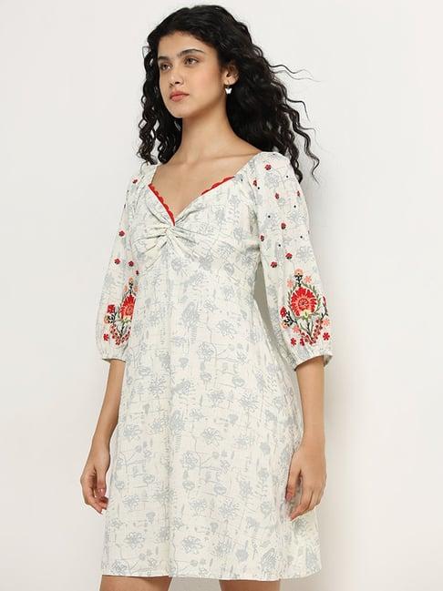 bombay paisley by westside off-white embroidered a-line cotton dress