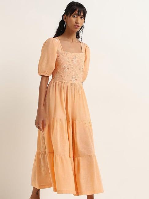 bombay paisley by westside peach embroidered tiered dress