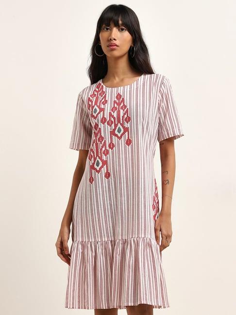 bombay paisley by westside red ikat printed drop-waist cotton dress