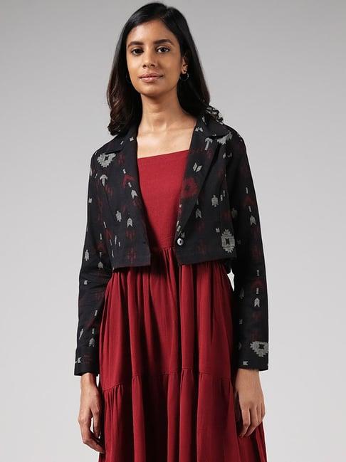bombay paisley by westside solid red dress & black ikat printed jacket