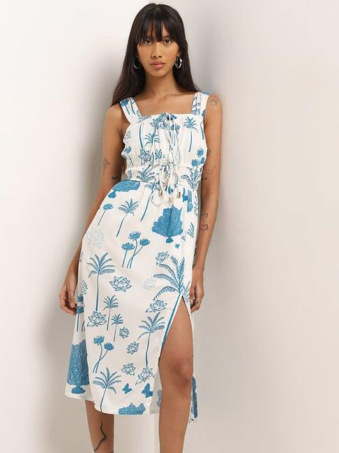 bombay paisley by westside white foliage print a-line slit dress