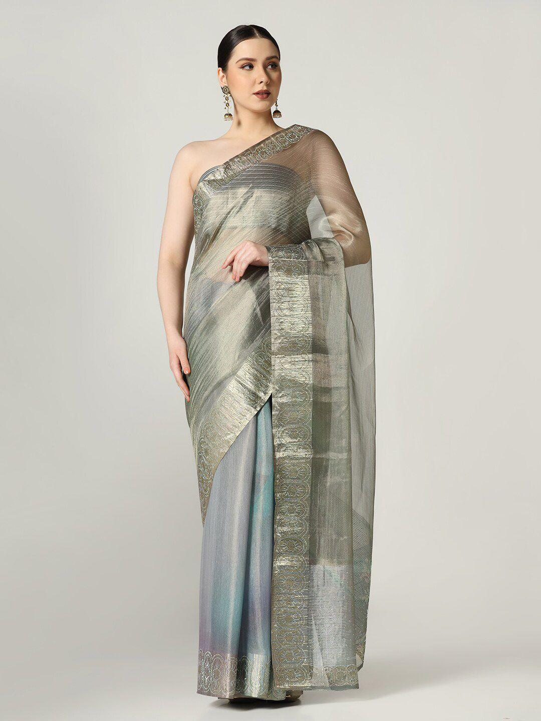 bombay selections grey & silver-toned beads and stones supernet saree