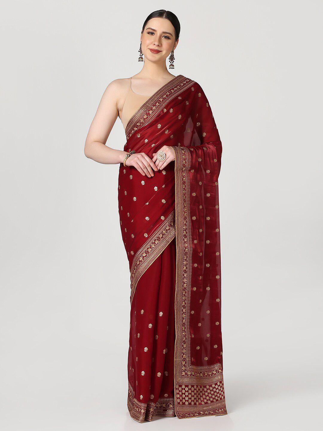 bombay selections maroon & gold-toned woven design zari satin banarasi saree