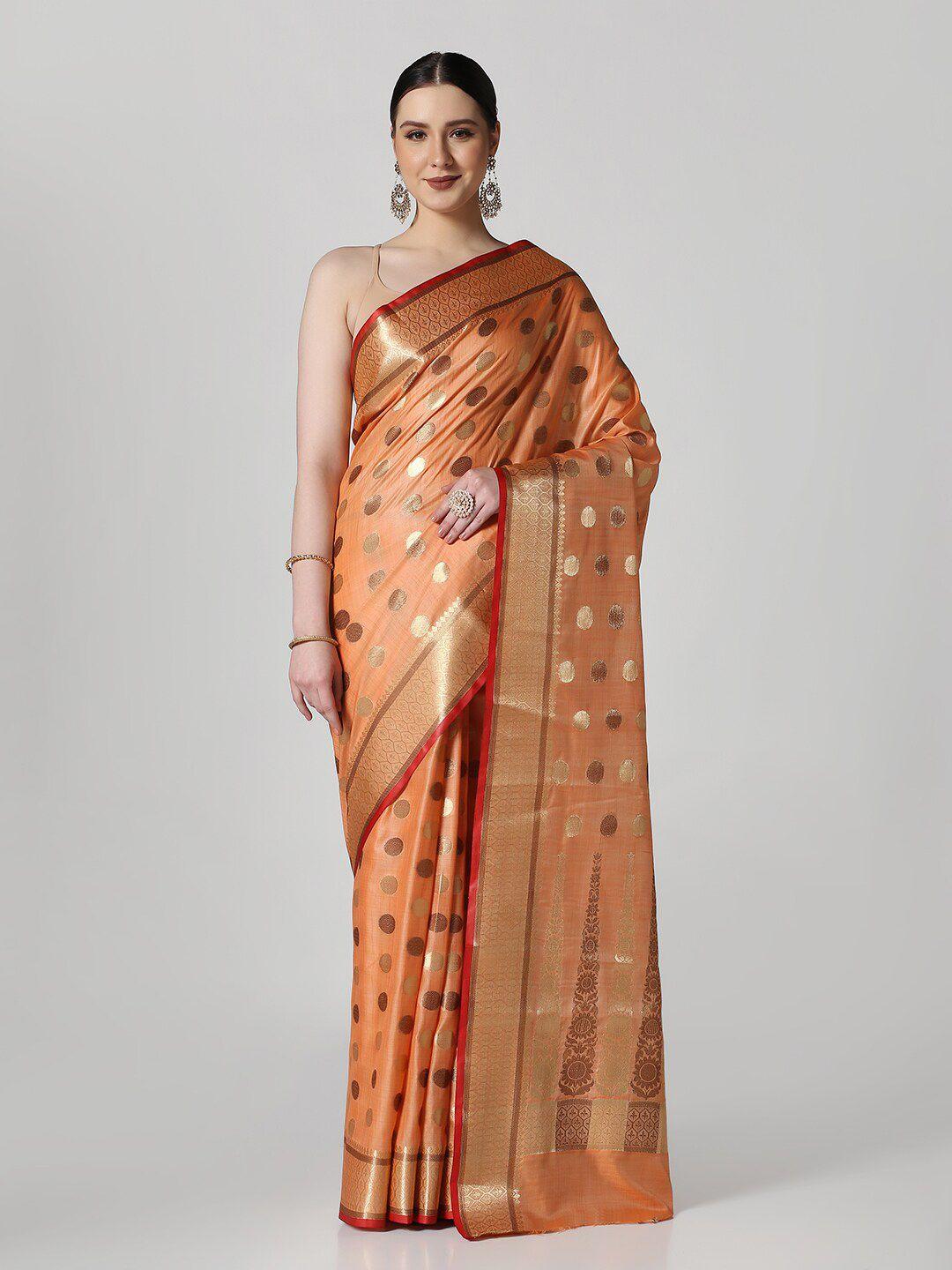 bombay selections peach-coloured & red woven design zari banarasi saree