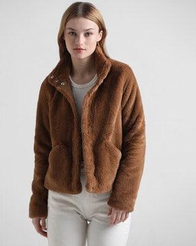 bomber fur jacket with button-down detail