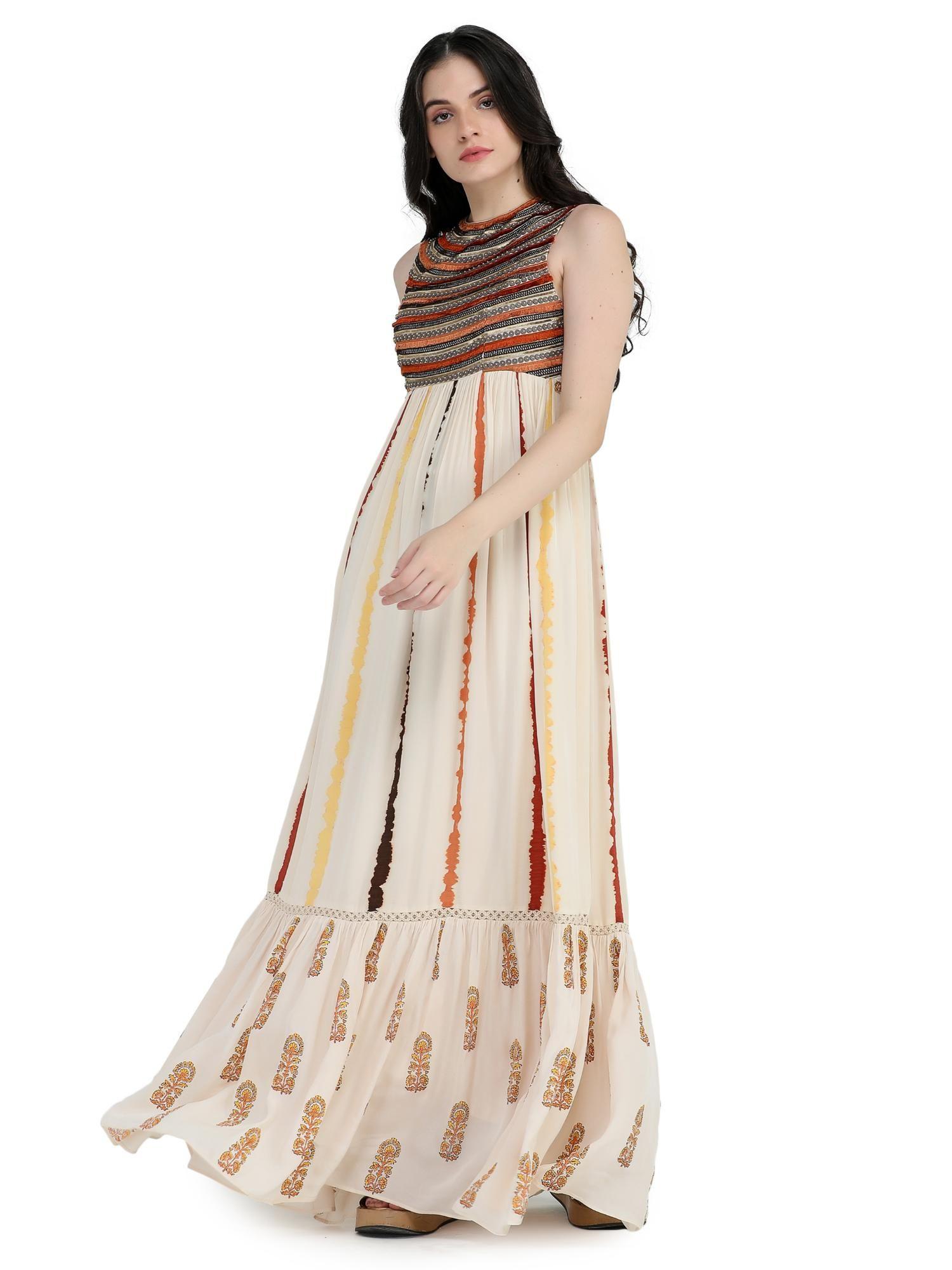 bone crepe tie and dye embroidered maxi dress
