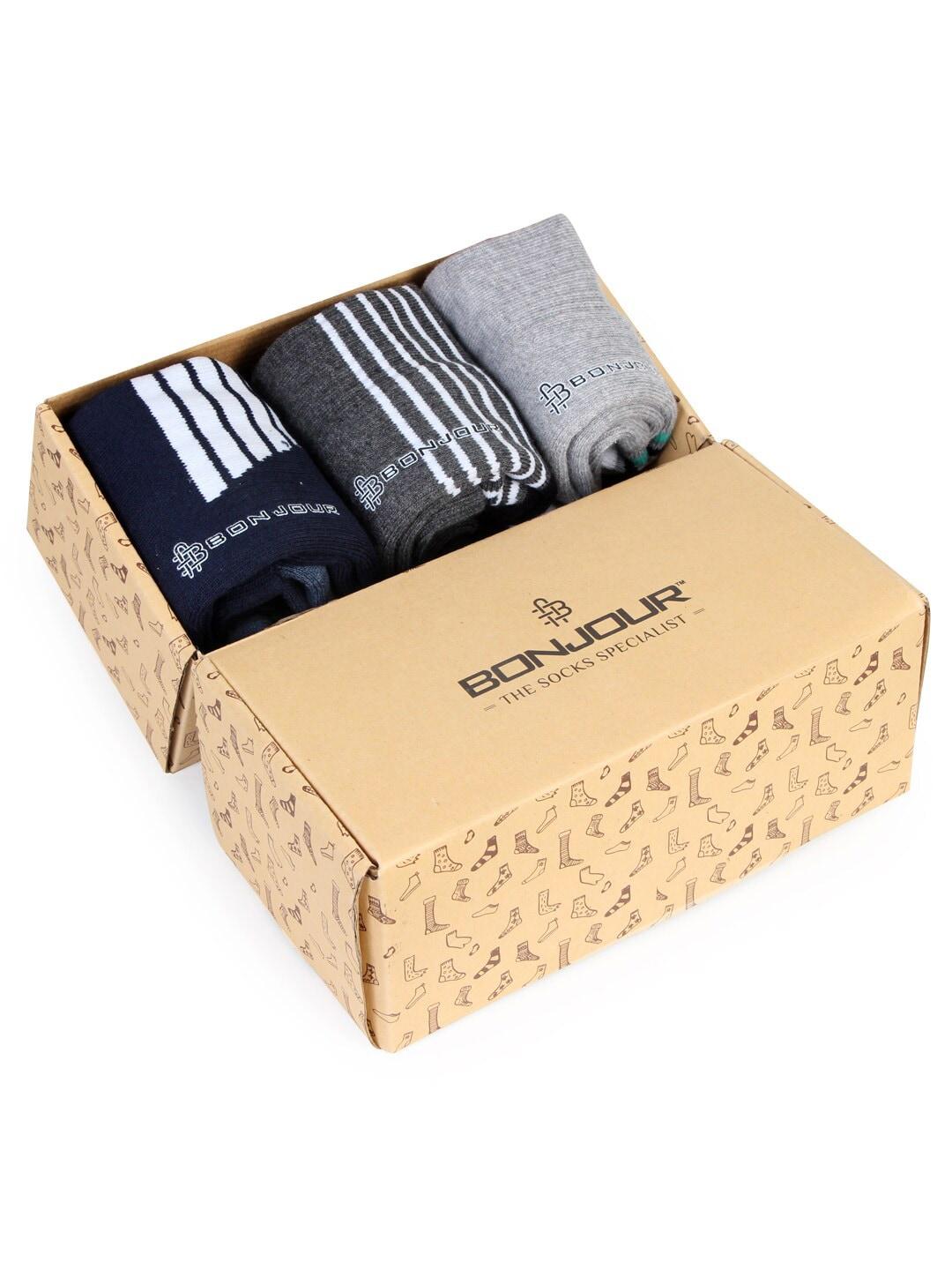 bonjour men pack of 3 assorted colourblocked cotton cushioned ankle length sports socks