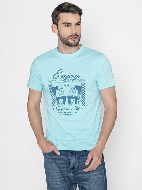 bonjour aruba blue cotton regular fit printed t-shirt