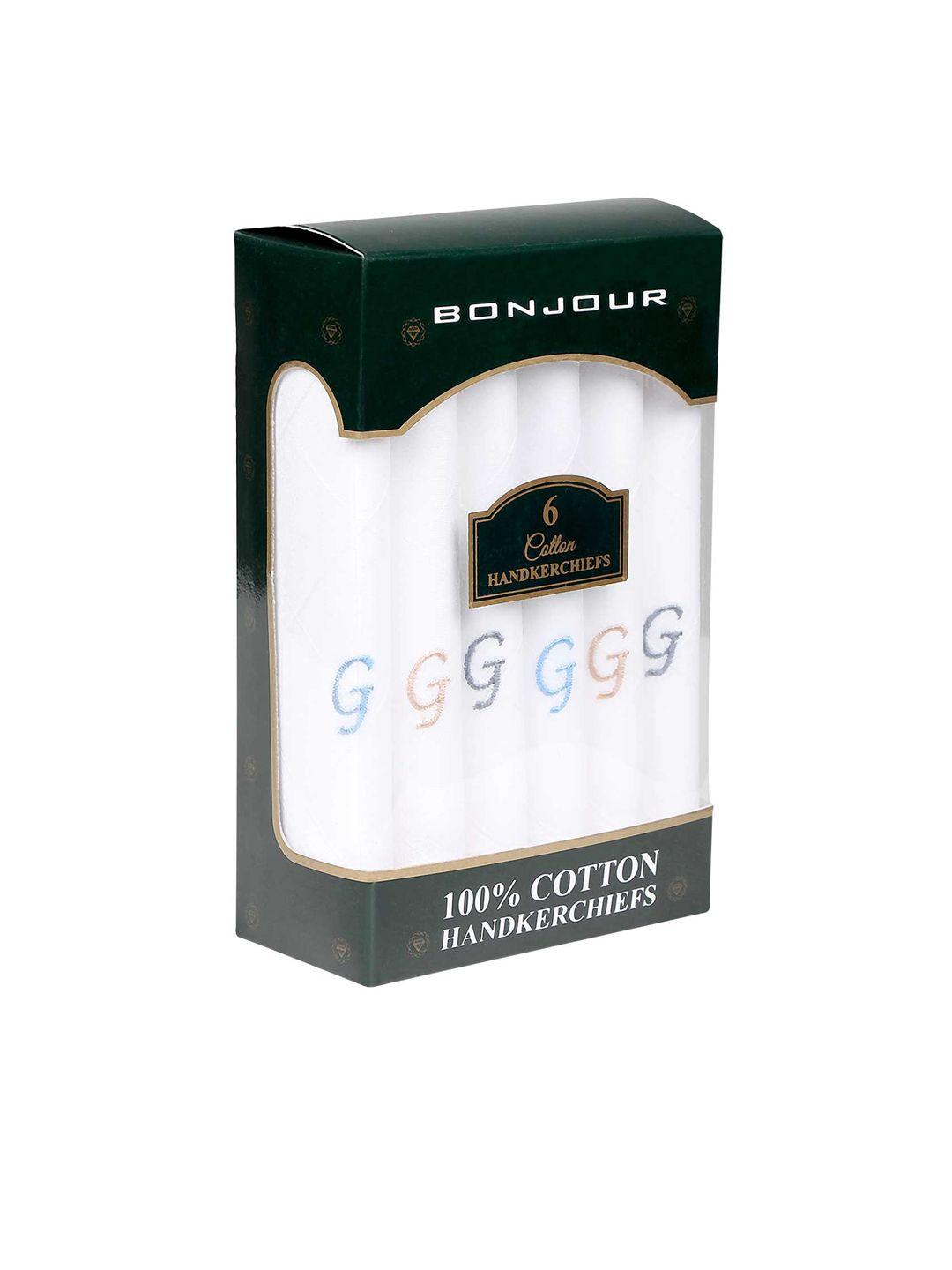 bonjour men pack of 6 white solid handkerchiefs with initials (g) gift set