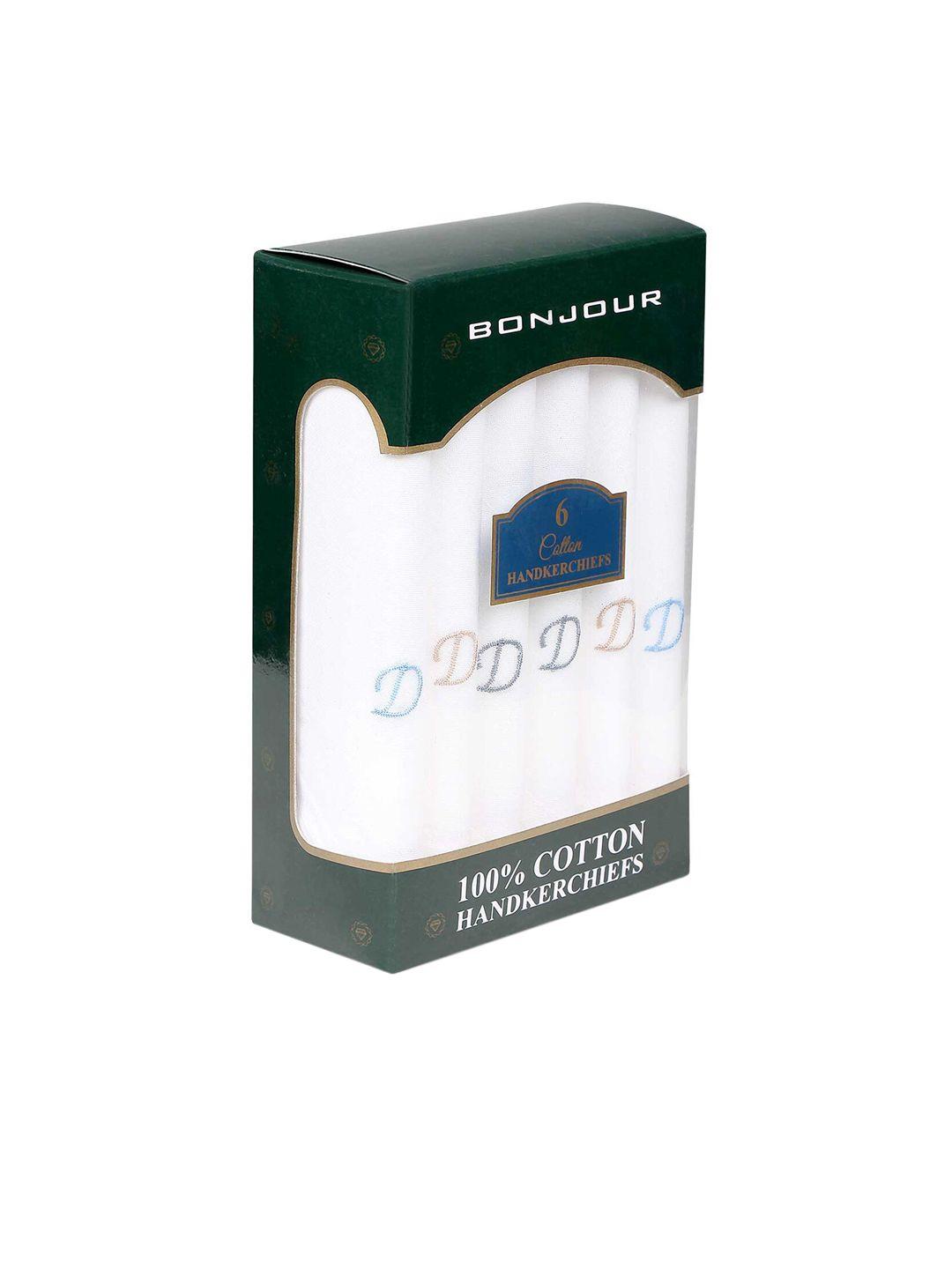 bonjour men set of 6 white solid handkerchiefs with d initials