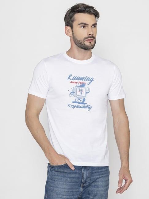 bonjour white cotton regular fit printed t-shirt