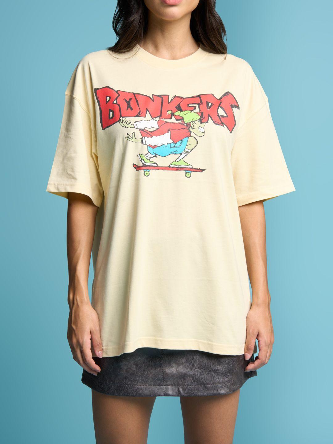 bonkers corner cream-coloured typography printed cotton oversized t-shirt