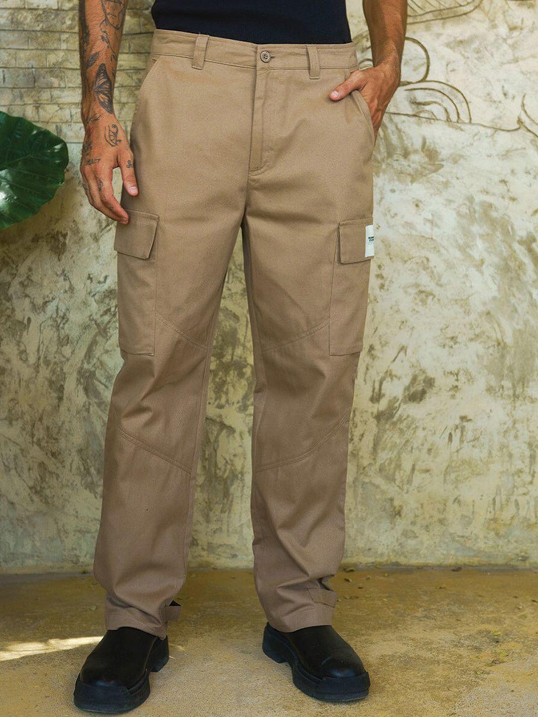 bonkers corner beige-coloured men mid rise cotton cargos with utility pockets