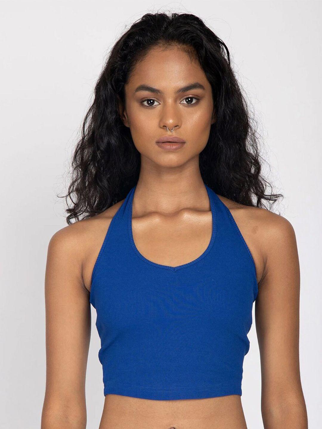 bonkers corner blue halter neck cotton crop tank top