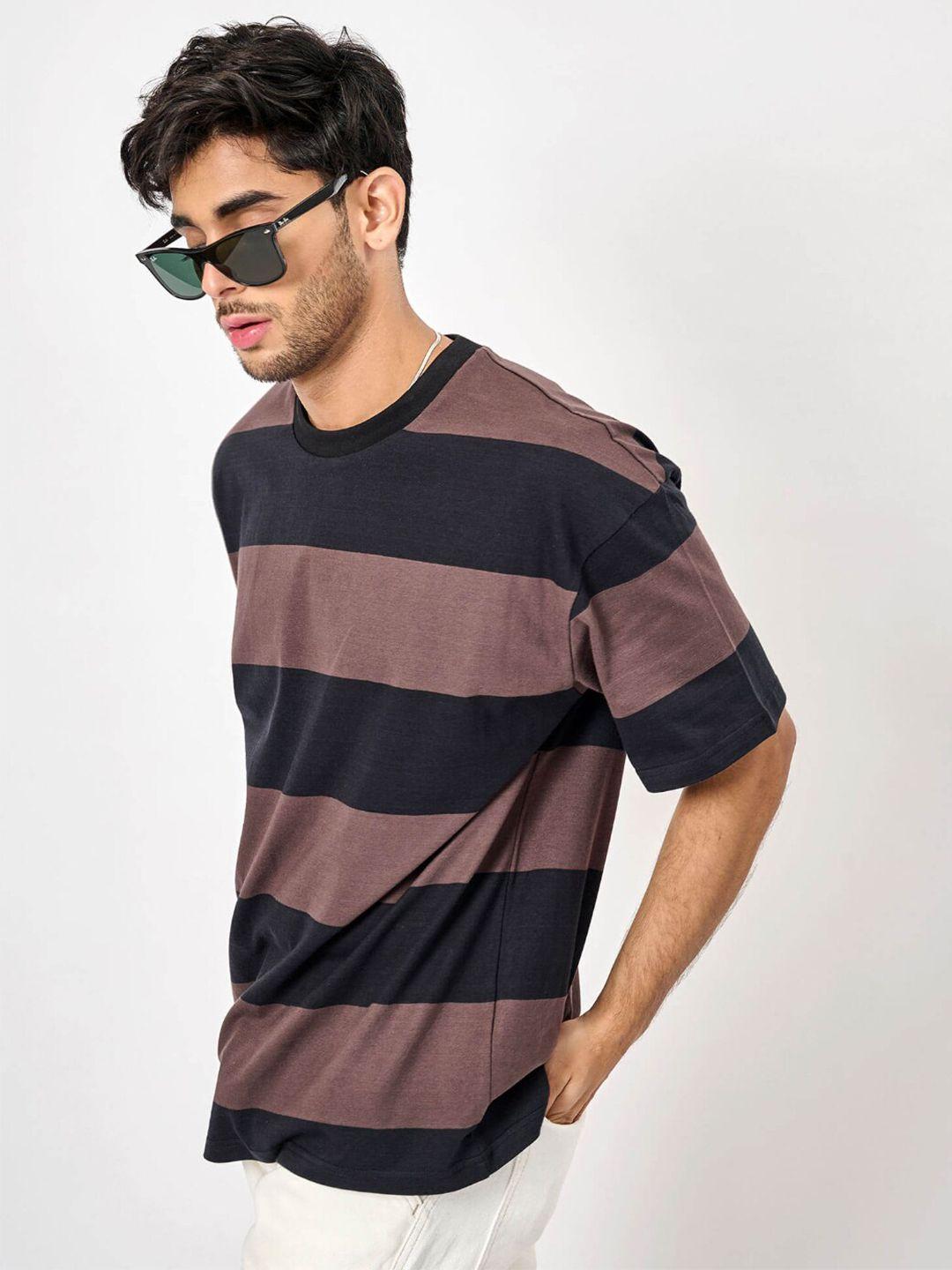 bonkers corner brown striped drop shoulder sleeves cotton oversized fit t-shirt