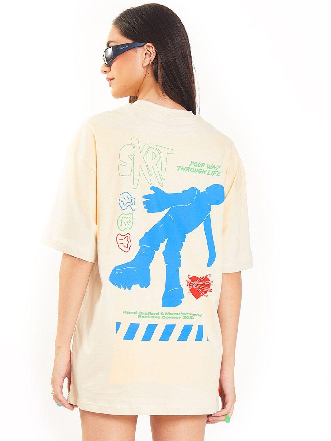 bonkers corner cream-coloured graphic printed drop-shoulder sleeves cotton loose t-shirt