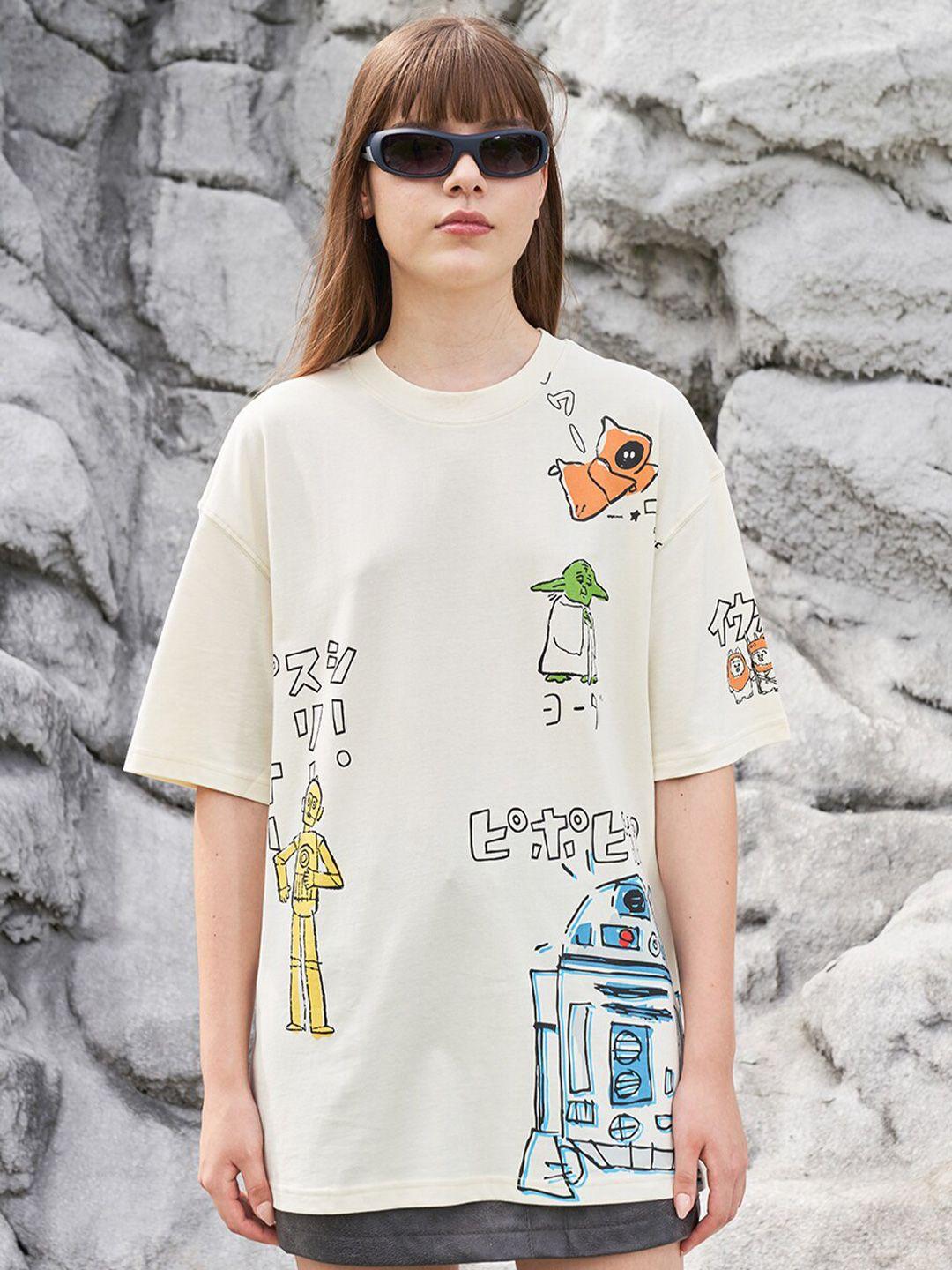 bonkers corner cream coloured star wars sketch printed longline cotton oversized t-shirt