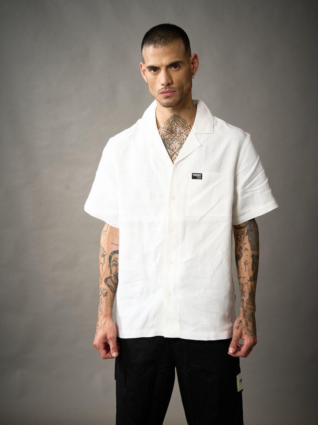 bonkers corner spread collar short sleeves casual linen shirt