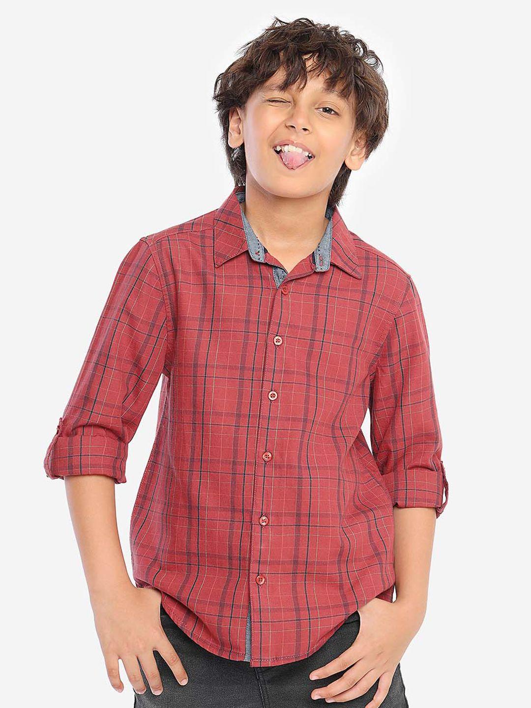 bonkids boys red standard opaque checked casual shirt